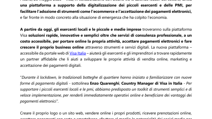 Visa a supporto dei piccoli esercenti locali e delle pmi italiane