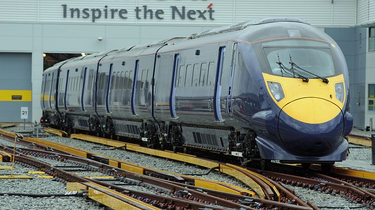 Class 395 leaving Hitachi Train Maintenance Centre in Ashford, Kent