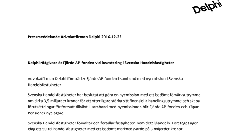 Delphi rådgivare åt Fjärde AP-fonden vid investering i Svenska Handelsfastigheter