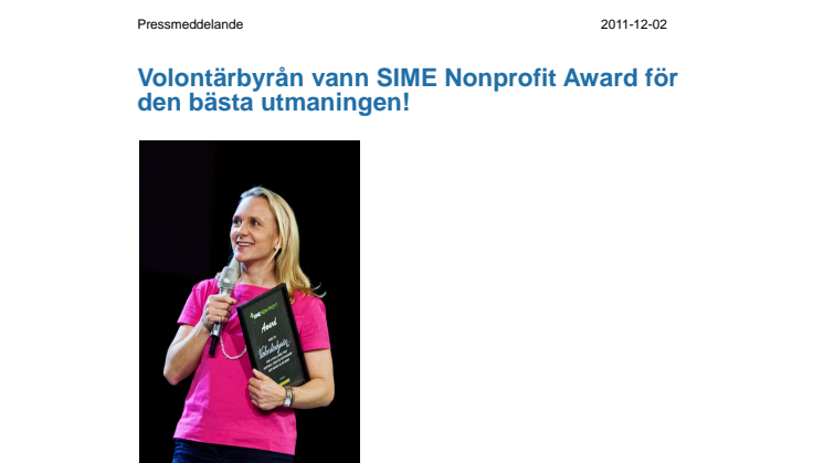 Volontärbyrån vann SIME Non-Profit Award för den bästa utmaningen!