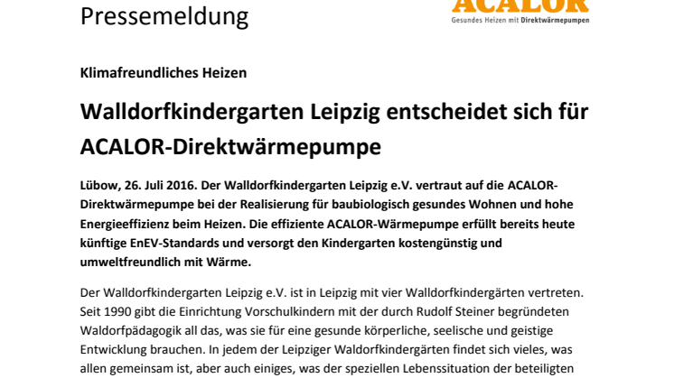 Walldorfkindergarten Leipzig entscheidet sich für ACALOR-Direktwärmepumpe 