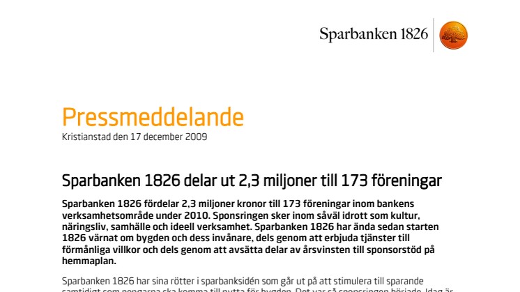 Sparbanken 1826 delar ut 2,3 miljoner till 173 föreningar