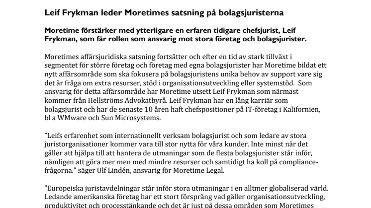 Leif Frykman leder Moretimes satsning på bolagsjuristerna 