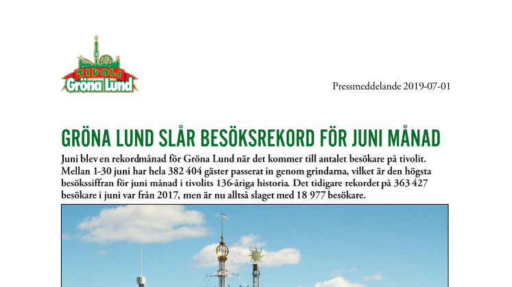 Gröna Lund slår besöksrekord för juni månad