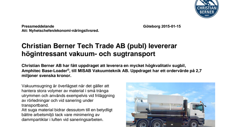 Christian Berner Tech Trade AB (publ) levererar högintressant vakuum- och sugtransport