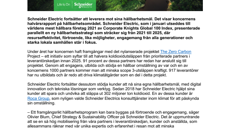Schneider Electric fortsätter att leverera mot sina hållbarhetsmål – mobiliserar stöd från anställda, partners och kunder