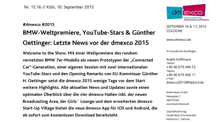 BMW-Weltpremiere, YouTube-Stars & Günther Oettinger: Letzte News vor der dmexco 2015