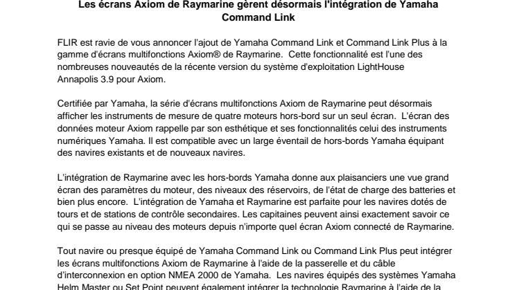 Les écrans Axiom de Raymarine gèrent désormais l'intégration de Yamaha Command Link 