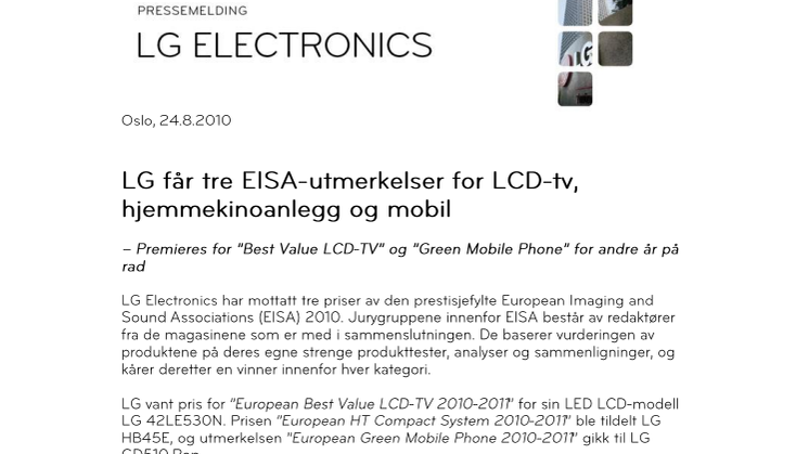 LG får tre EISA-utmerkelser for LCD-tv, hjemmekinoanlegg og mobil