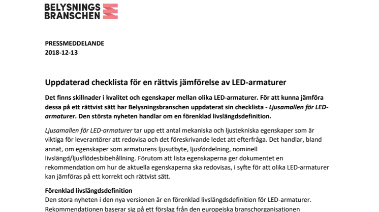 Uppdaterad checklista för en rättvis jämförelse av LED-armaturer