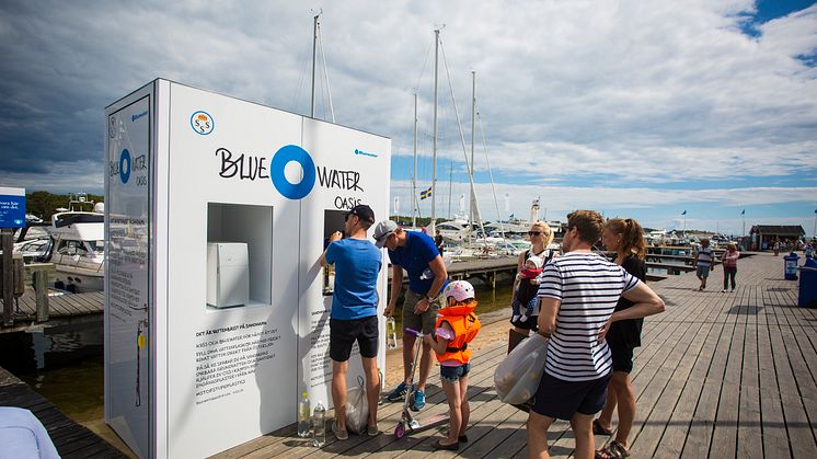 A Bluewater Oasis hydration station on the popular tourist island of Sandhamn, in the Baltic Sea, helps save depleted ground water reserves by delivering free clean drinking water generated directly from the brackish sea.