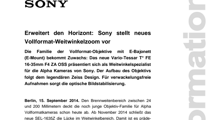 Erweitert den Horizont: Sony stellt neues Vollformat-Weitwinkelzoom vor