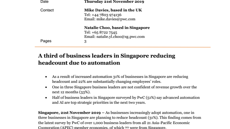 A third of business leaders in Singapore reducing headcount due to automation