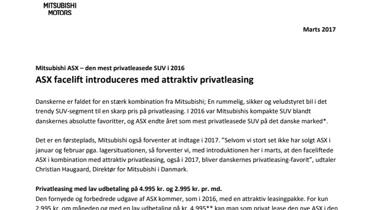 ASX facelift introduceres med attaktiv privatleasing