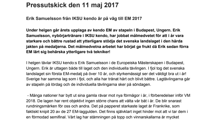 Erik Samuelsson från IKSU kendo är på väg till EM 2017