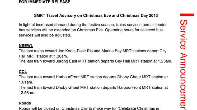 SMRT Travel Advisory on Christmas Eve and Christmas Day 2013