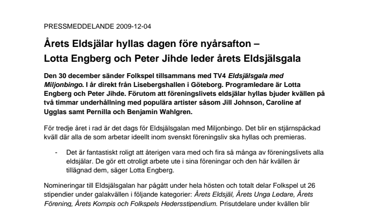 Lotta Engberg och Peter Jihde leder årets Eldsjälsgala