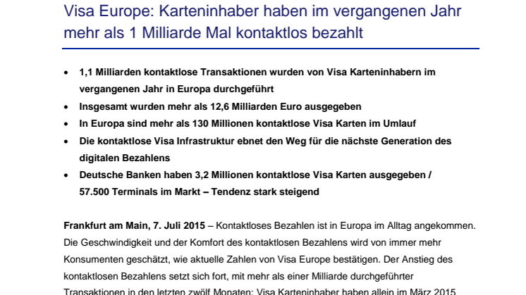 Visa Europe: Karteninhaber haben im vergangenen Jahr mehr als 1 Milliarde Mal kontaktlos bezahlt 