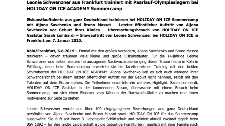 Leonie Schwenzner aus Frankfurt trainiert mit Paarlauf-Olympiasiegern bei HOLIDAY ON ICE ACADEMY Sommercamp 