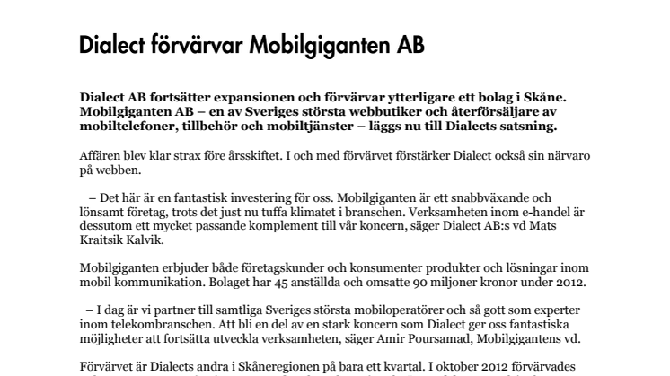 Dialect förvärvar Mobilgiganten AB i Malmö