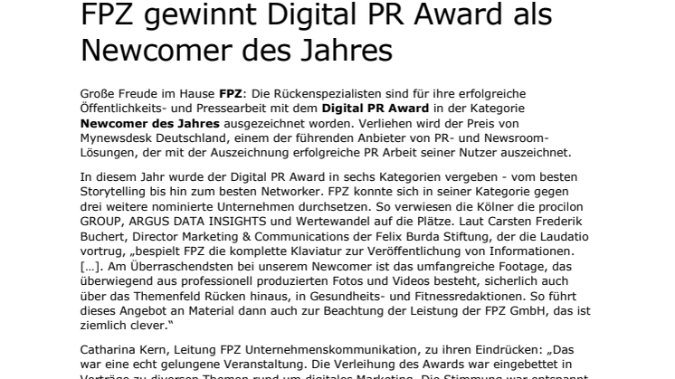FPZ gewinnt Digital PR Award als Newcomer des Jahres