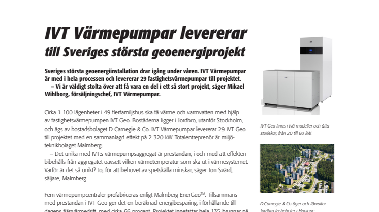 IVT Värmepumpar levererar till Sveriges största geoenergiprojekt