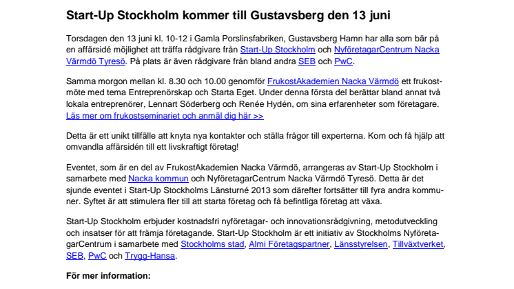 Start-Up Stockholm kommer till Gustavsberg den 13 juni