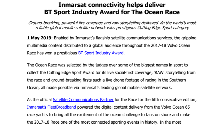 Inmarsat connectivity helps deliver BT Sport Industry Award for The Ocean Race