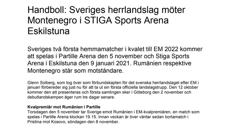 Handboll: Sveriges herrlandslag möter Montenegro i STIGA Sports Arena Eskilstuna