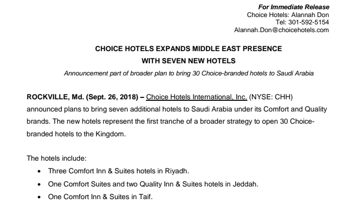Choice Hotels expands Middle East Presence with seven new hotels