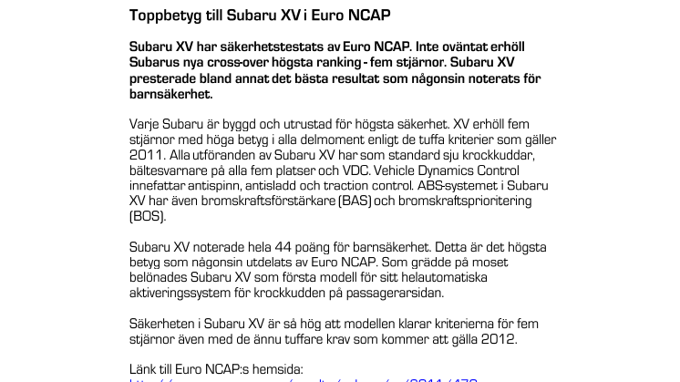 Toppbetyg till Subaru XV i Euro NCAP