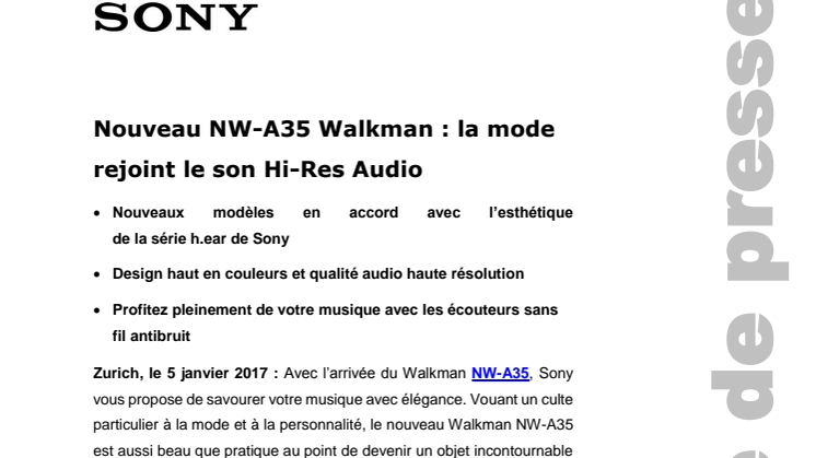 ​Nouveau NW-A35 Walkman : la mode rejoint le son Hi-Res Audio