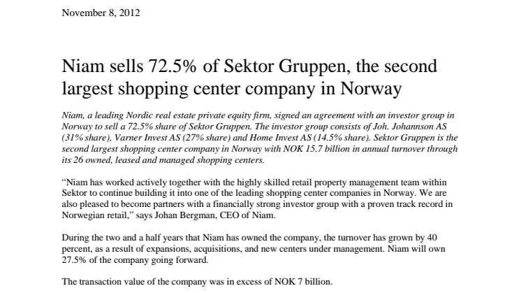Niam sells 72.5% of Sektor Gruppen, the second largest shopping center company in Norway