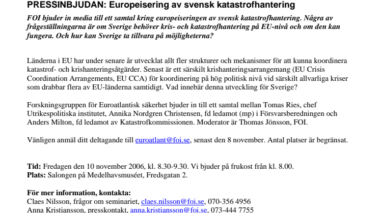 PRESSINBJUDAN: Europeisering av svensk katastrofhantering