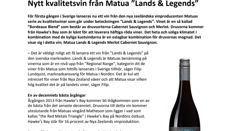  Nytt kvalitetsvin från Matua ”Lands & Legends”