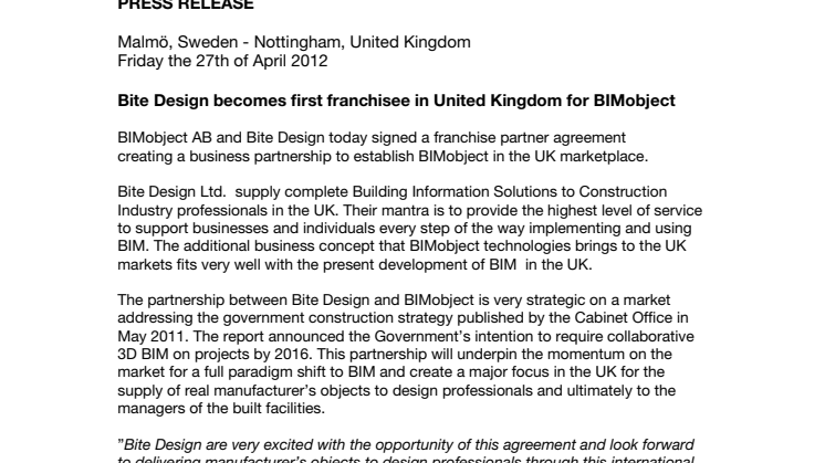 Bite Design becomes first franchisee in United Kingdom for BIMobject