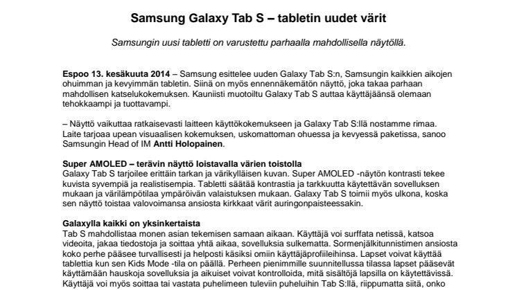 Samsung Galaxy Tab S – tabletin uudet värit