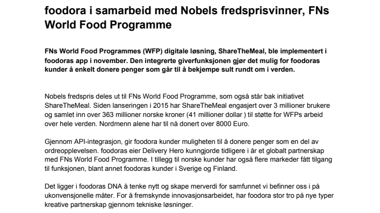 foodora i samarbeid med Nobels fredsprisvinner, FNs World Food Programme