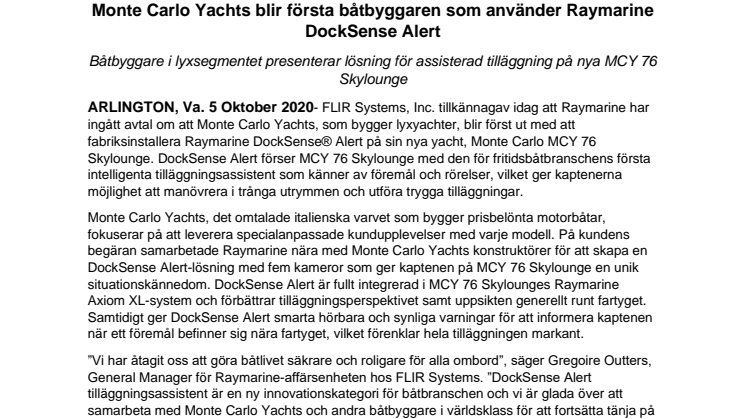 Monte Carlo Yachts blir första båtbyggaren som använder Raymarine DockSense Alert 