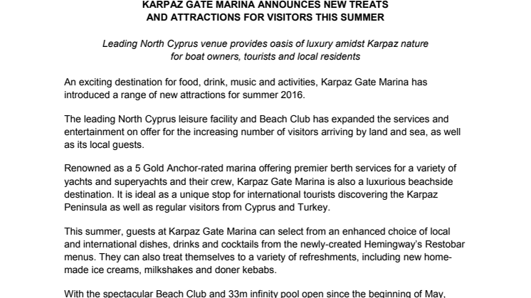 Karpaz Gate Marina: Announces New Treats and Attractions for Visitors this Summer   