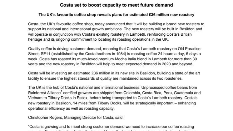 Costa set to boost capacity to meet future demand