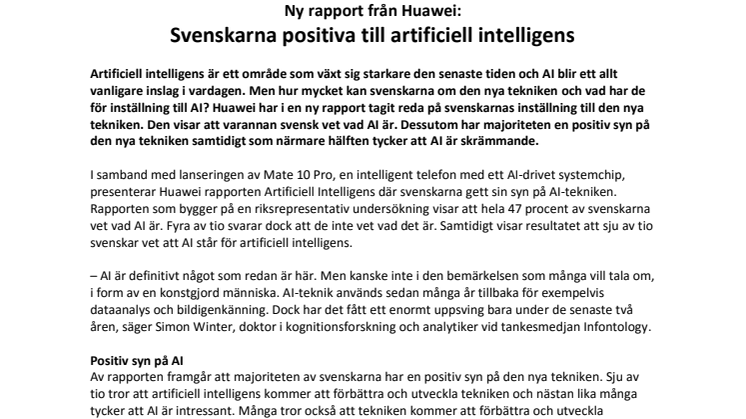 Ny rapport från Huawei: Svenskarna positiva till artificiell intelligens 