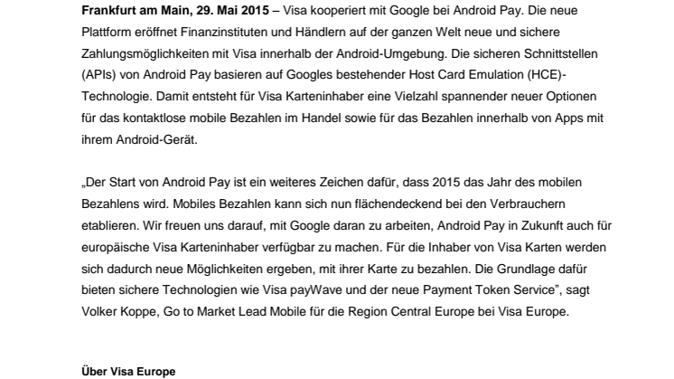Visa unterstützt Android Pay