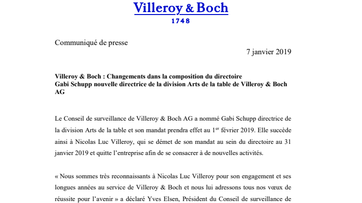 Changements dans la composition du directoire : Gabi Schupp nouvelle directrice de la division Arts de la table de Villeroy & Boch AG