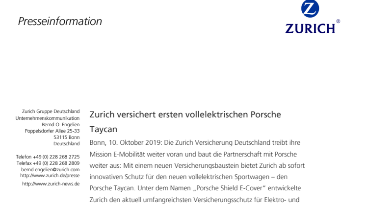 Zurich versichert ersten vollelektrischen Porsche Taycan 