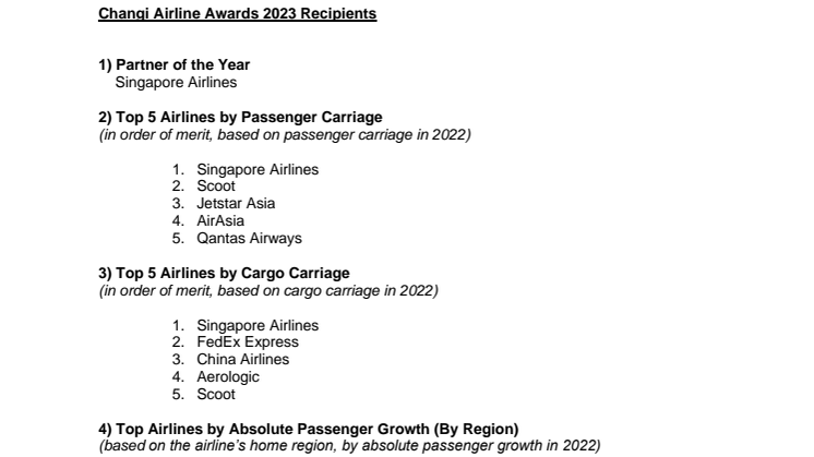 Annex A - Changi Airline Awards 2023 recipients