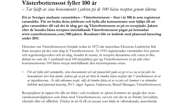 Västerbottensost fyller 100 år  – Tar hjälp av sina konsumenter i jakten på de 100 bästa recepten genom tiderna  