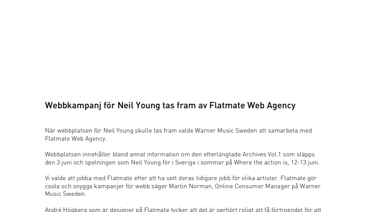 Webbkampanj för Neil Young tas fram av Flatmate Web Agency