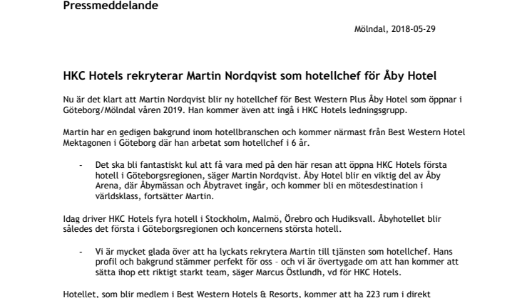 HKC Hotels rekryterar Martin Nordqvist som hotellchef för Åby Hotel