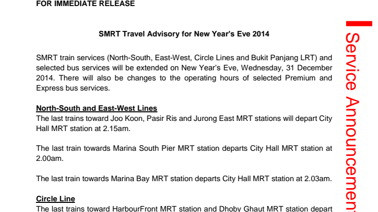 SMRT Travel Advisory for New Year’s Eve 2014